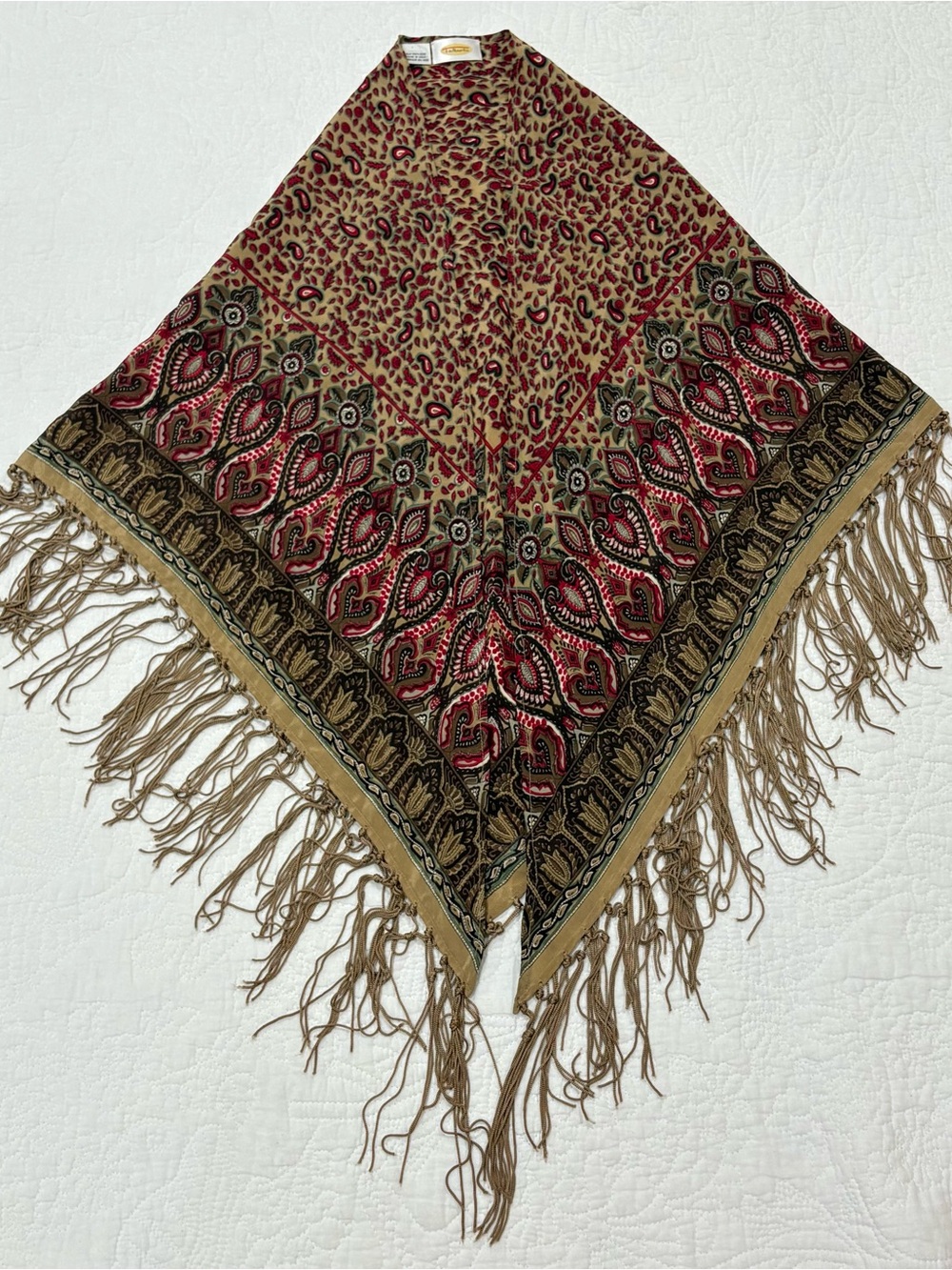 Talbots 100% Silk Paisley Triangle Shawl Scarf Fringe Brown Camel Red Old Money